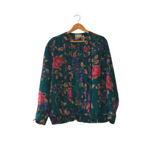 Alfred Dunner Women's Green Floral Size 12 Ruched Collarless Shirt Top Relaxed